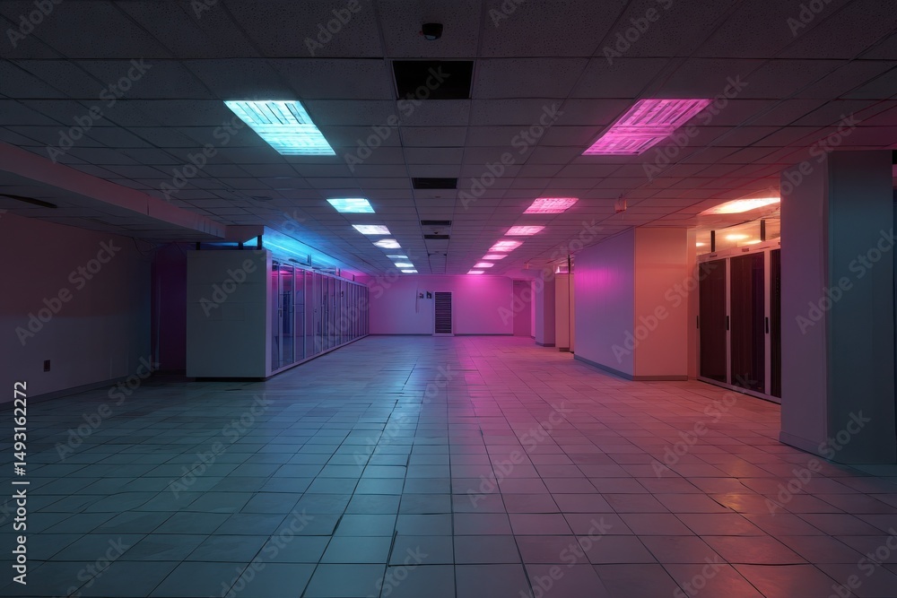 Aufkleber Empty Data Center Server Room Lit With Neon Colors, Illustrating Cybersecurity and Digital Infrastructure : Generative AI