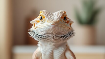 Bearded dragon with calm expression on soft, muted desert background in beige and warm yellow.