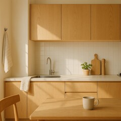 Minimalist Japandi Style Kitchen with Natural Light and Wooden Elements

