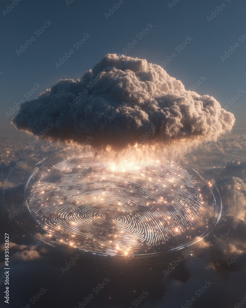 Poster Glowing Fingerprint Under Cloudscape, Symbolizing Digital Identity and Data Security for Cybersecurity Solutions : Generative AI