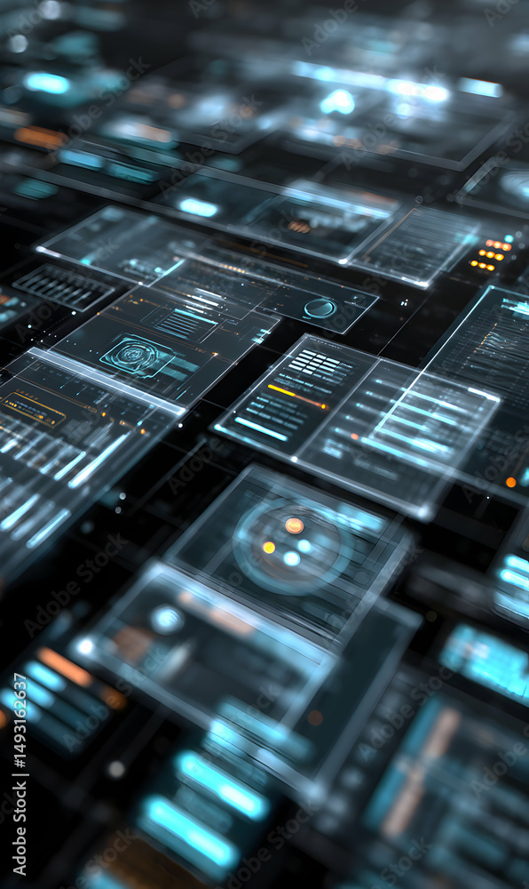 Poster futuristic technology interface displays complex data visualization with glowing neon accents and de