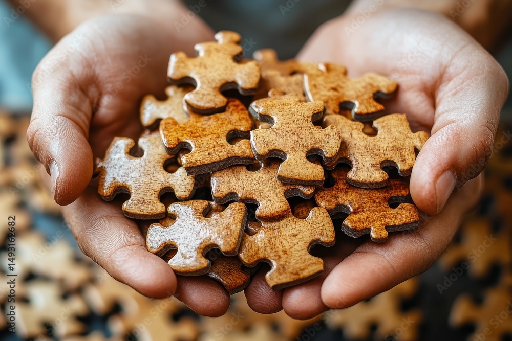 Poster hands holding wooden puzzle pieces in natural light with other pieces in background showcasing creat