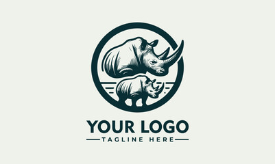 Rhinoceros wildlife emblem, detailed nature illustration of two rhinos in a circular sketch style
