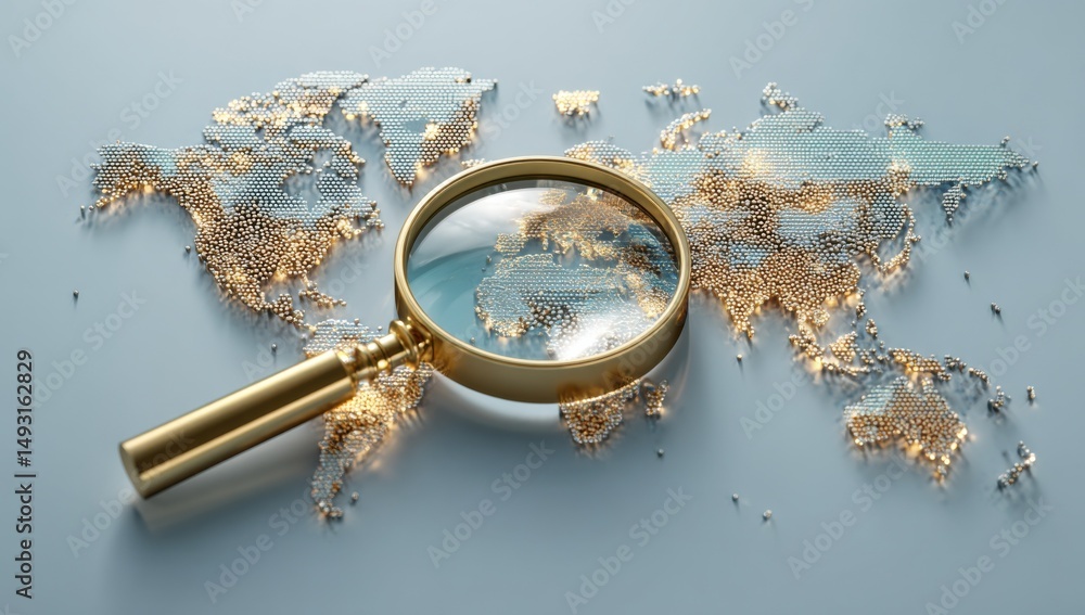 Poster magnifying glass over world map made of tiny spheres, symbolizing global analysis and international 