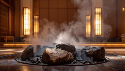 Steaming Rocks in a Japanese Onsen Spa, Representing Relaxation and Wellness Tourism, Ideal for Travel and Hospitality Marketing Campaigns : Generative AI