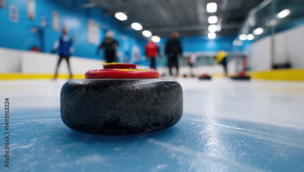 Poster curling stone on ice in foreground with players in background, showcasing teamwork and strategic pla
