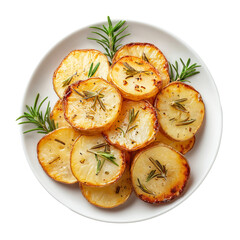 Rosemary roasted potatoes on a white plate. This close up, overhead shot perfectly captures the crisp texture, golden-brown color, and fragrant rosemary sprigs