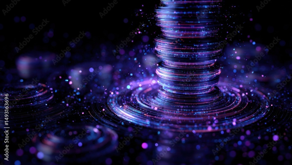 Aufkleber Abstract Stack of Glowing Rings With Particles, Representing Data Flow and Technological Innovation in a Digital World : Generative AI