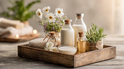 Spa Still Life With Milk and Flowers on Wooden Tray, Showcasing Wellness and Self-Care Products for Health and Beauty : Generative AI