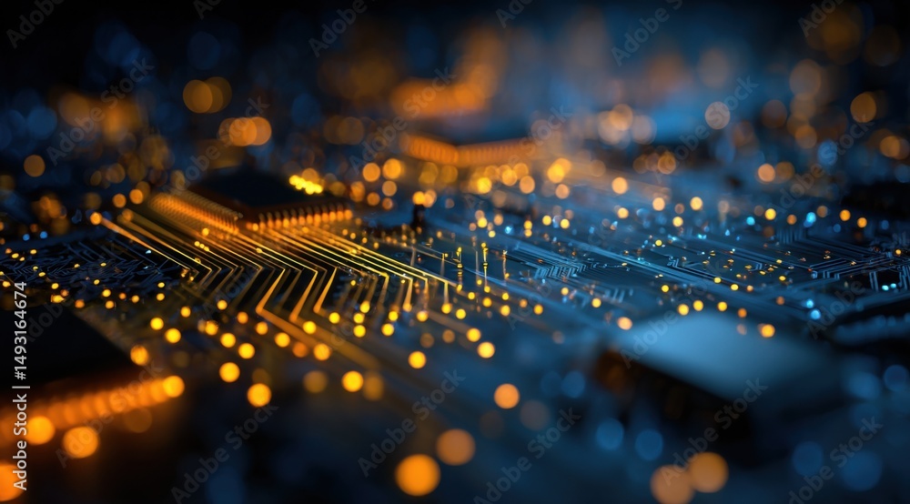 Aufkleber Illuminated Circuit Board Close-Up in Blue and Gold, Representing Technological Advancement and Digital Transformation in Modern Computing : Generative AI