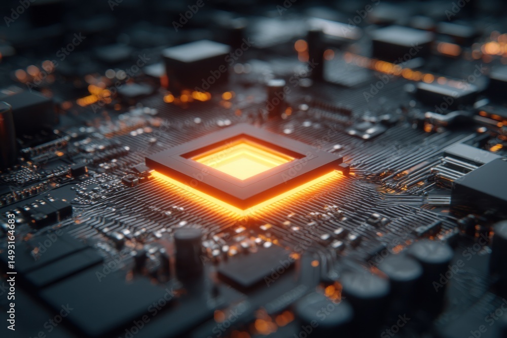 Leinwandbilder Glowing Microchip on Circuit Board, Representing Technological Advancement and Digital Transformation in Modern Computing and Engineering : Generative AI