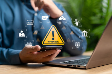 Data theft by AI technology, Cyber ​​hacking surveillance concept, Businessman found a warning...