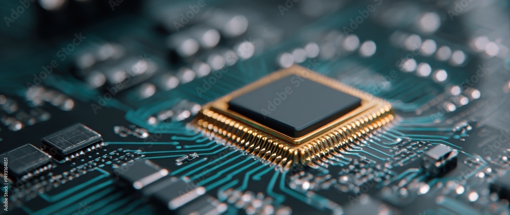 Aufkleber macro shot of a golden computer chip on a circuit board, illustrating technological innovation and d