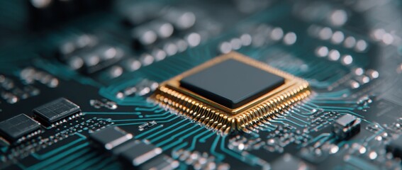 Fototapeta premium Macro Shot of a Golden Computer Chip on a Circuit Board, Illustrating Technological Innovation and Digital Transformation in the Semiconductor Industry : Generative AI