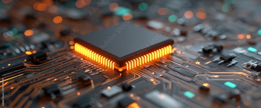 Poster Glowing Microchip on Circuit Board, Illustrating Innovation and Technological Advancement in the Digital Age, Ideal for Technology Consulting and Cybersecurity : Generative AI