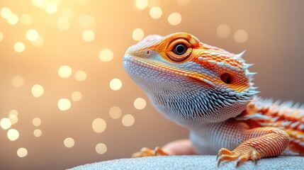 Bearded dragon with calm expression on soft, muted desert background in beige and warm yellow.