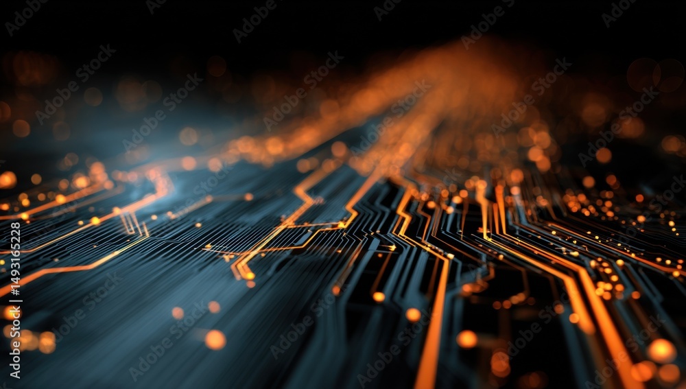 Aufkleber Illuminated Circuit Board with Orange Glow, Representing Technology Innovation and Digital Transformation in Business : Generative AI