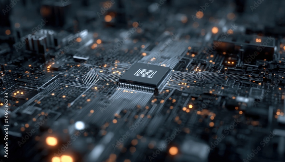Poster Close-Up of a Computer Chip on a Circuit Board, Illustrating Technological Advancement and Digital Transformation in the Modern Tech Industry : Generative AI