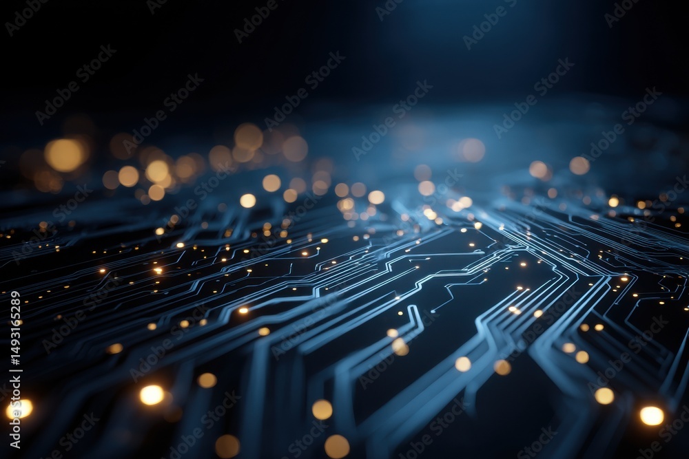 Poster Illuminated Circuit Board Close-Up, Representing Artificial Intelligence and Technological Advancement in Digital Transformation and Innovation Projects : Generative AI