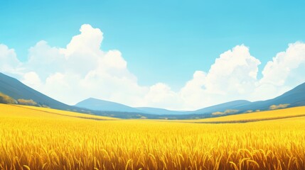 Obraz premium Golden Wheat Field Under Blue Sky with Clouds Landscape Illustration Digital Art Style Countryside Rural Scenery