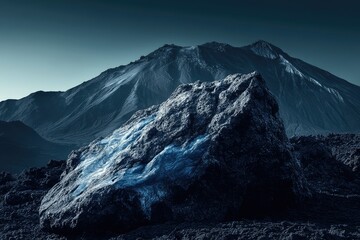 A large dark rock rests in the foreground of a majestic, dark blue volcanic mountain range under a twilight sky.