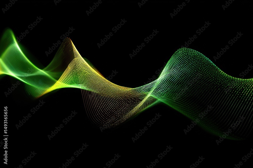 Fototapete abstract wavy lines of green and yellow light on black, representing connectivity and technological 