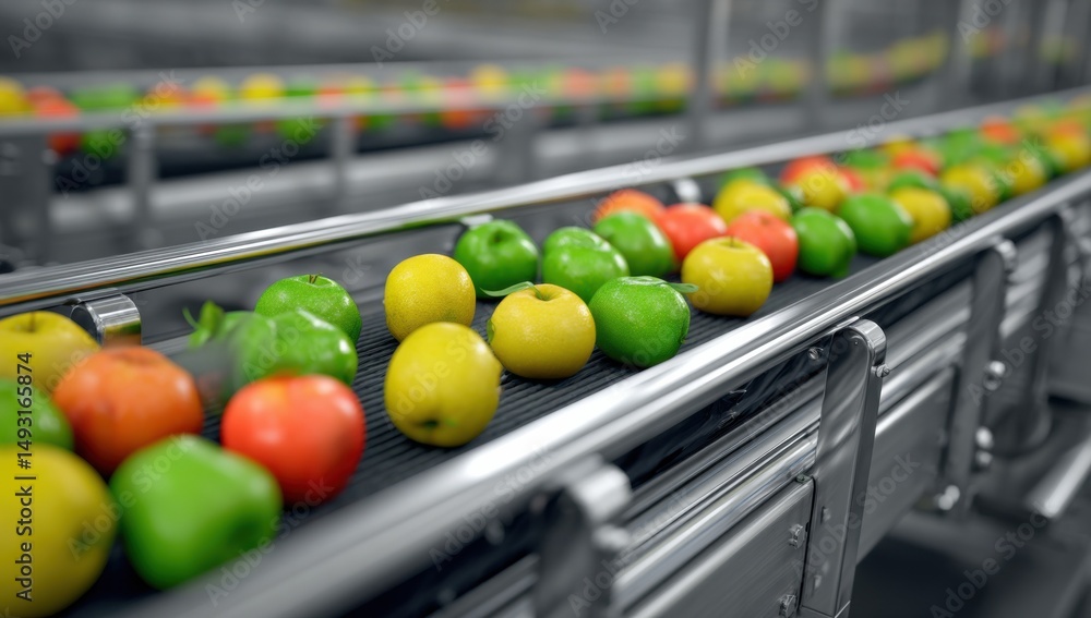 Aufkleber colorful apples and lemons on a conveyor belt, showcasing automated food processing and efficiency i
