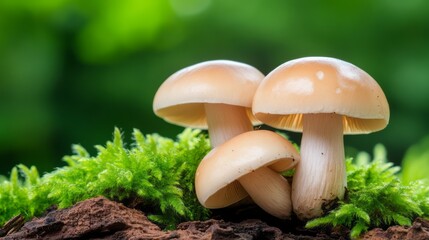 Fresh Wild Mushrooms Growing on Mossy Log in Bright Green Forest Environment