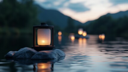 Fototapeta premium Serene Evening Scene with Lanterns Floating on Calm Water at Dusk in a Natural Setting