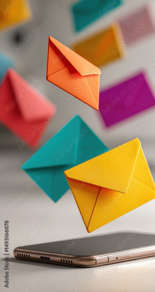 Poster colorful envelopes floating above smartphone, illustrating digital communication and email marketing