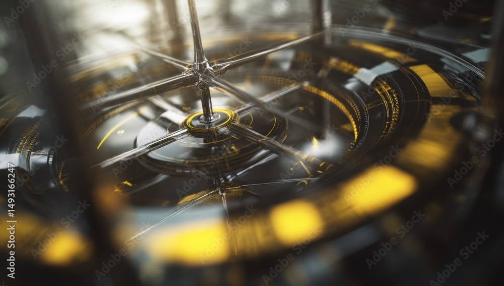 Poster Complex Metallic Structure With Golden Accents, Symbolizing Innovation and Technological Advancement in Engineering and Manufacturing Sectors : Generative AI