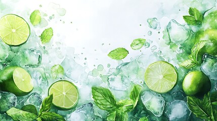 A refreshing mojito watercolor, aerial view, crushed ice shining, lime wheels floating, mint leaves scattered, simple white background, soft gradient wash, subtle highlights, hd quality, natural look.
