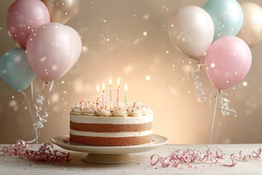 A birthday cake with candles surrounded by pastel-colored balloons, set against an elegant beige