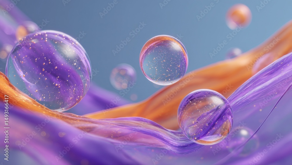 Poster floating glass spheres with gold particles on flowing fabric, symbolizing innovation and fluidity in