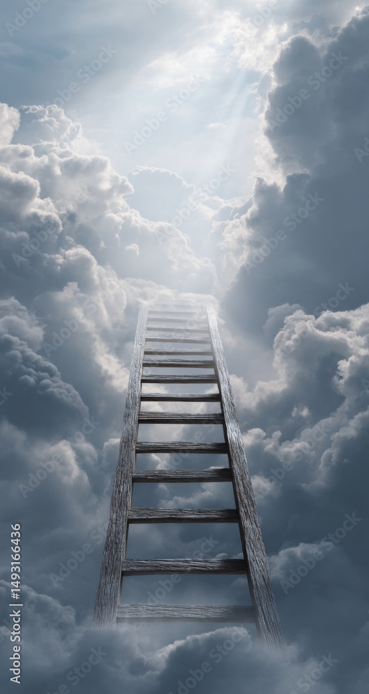 Poster ladder ascending into bright clouds, symbolizing career growth and spiritual awakening with a sense 
