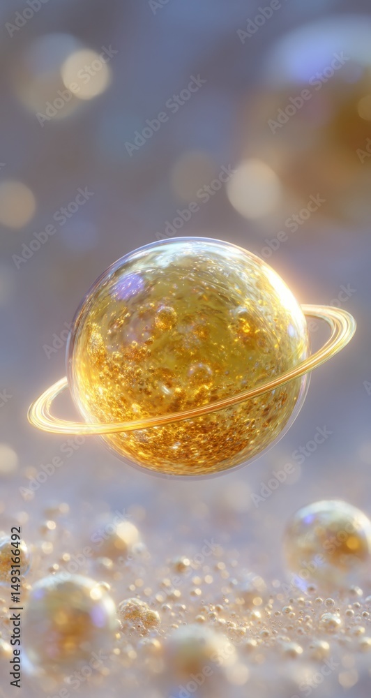 Aufkleber golden planet with ring floating among bubbles, symbolizing innovation and scientific discovery in t