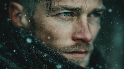 Closeup Portrait of a Serious Man in Winter Fashion Surrounded by Falling Snowflakes