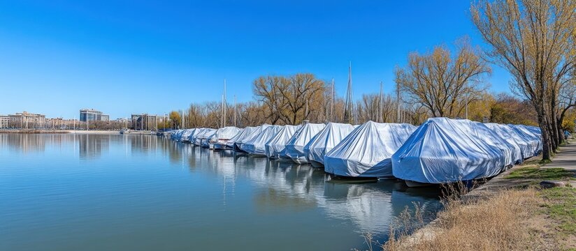 Marina under wraps: boats secured for off-season along calm lakeside view - Powered by Adobe