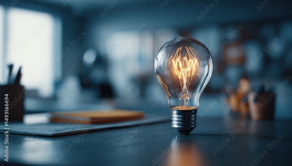 Poster glowing lightbulb on desk in office setting, symbolizing innovation and bright ideas for business so