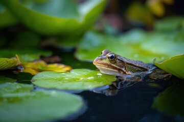 Fototapeta premium Frog Sitting on a Lily Pad in a Pond, Representing Conservation and Environmental Awareness With Natural Beauty and Serene Tranquility : Generative AI