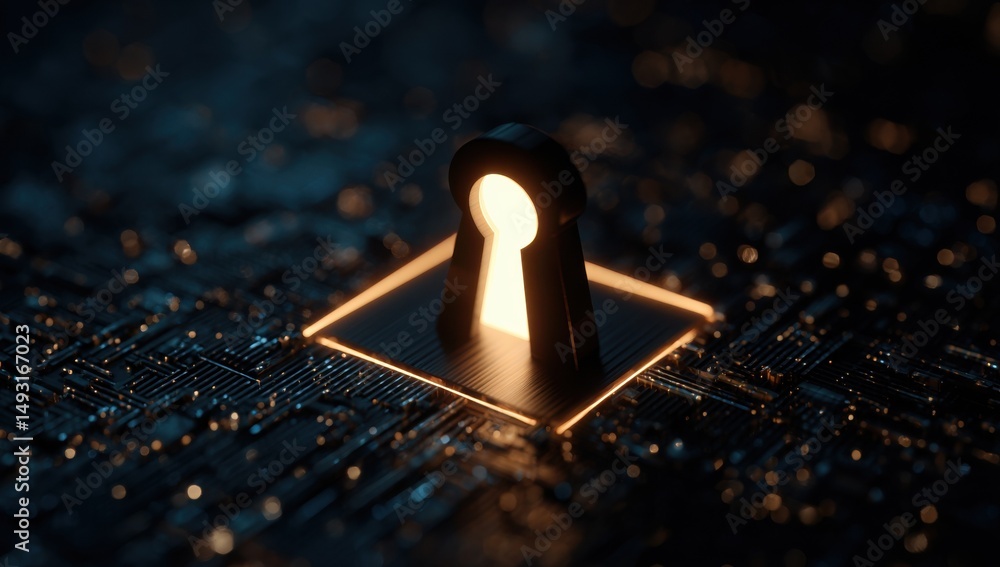 Poster Glowing Keyhole on Circuit Board, Symbolizing Data Security and Cybersecurity Solutions for Business, Government, and Personal Data Protection : Generative AI