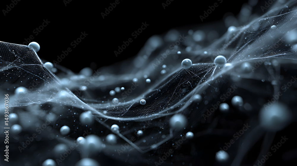 Poster abstract futuristic network with interconnected spheres in a dark environment creating depth