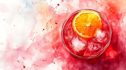 A sophisticated Negroni watercolor, aerial top-down view, orange slice resting on red surface, minimal white background, delicate gradient wash, airy brushstrokes, hd quality, natural look.