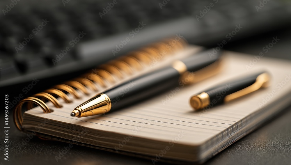 Poster close-up of pen on notepad for business planning, representing productivity and creative writing, id