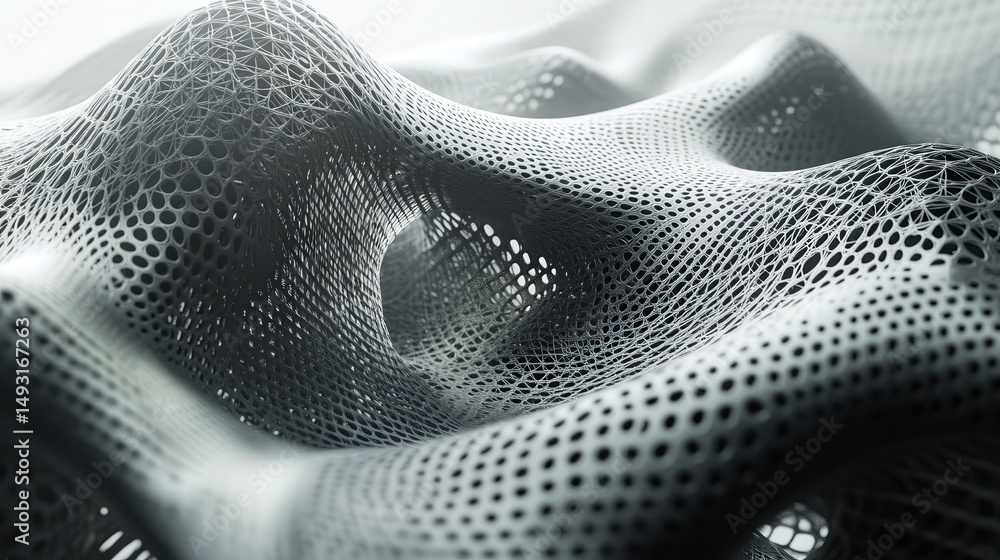 Poster mesh design, with interconnected layers and digital textures that create an abstract representation 