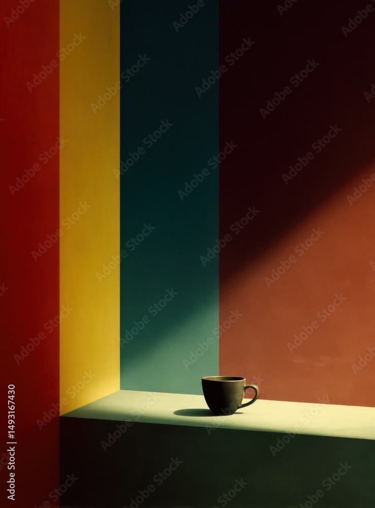 Poster coffee cup on a shelf with colorful stripes, representing a moment of reflection and a coffee break 