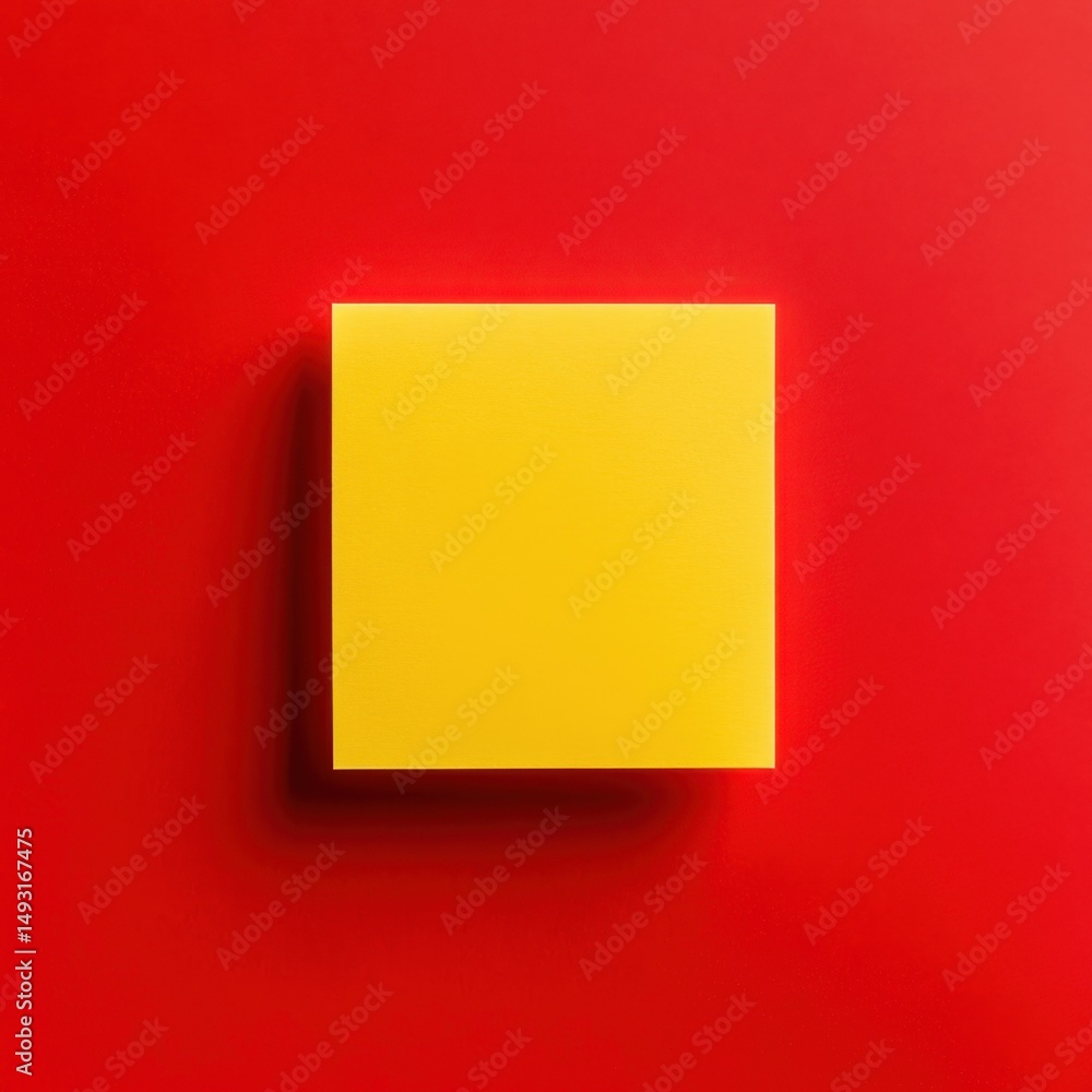 Poster minimalist overhead shot of yellow square sticky note on red background for message or reminder conc