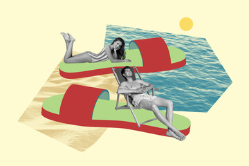 Trend composite sketch template 3D photo collage of tropical trip surfboard sporty sea couple young lady man relax huge footwear shoes