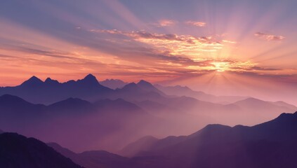 Fototapeta premium Layered Mountain Range at Sunrise With Sun Rays, Evoking Serenity and a Sense of Exploration and Discovery : Generative AI