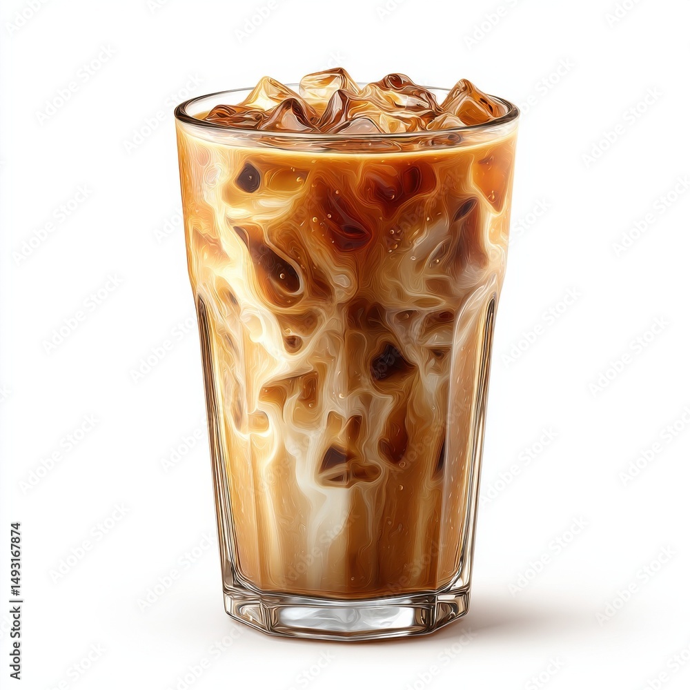 Poster iced coffee in glass with milk swirls, representing refreshment and a perfect beverage for a summer 